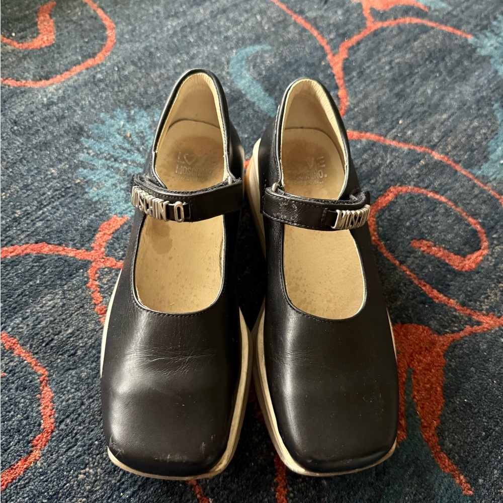 Moschino Black Leather Mary Jane Shoes with Silver Accent